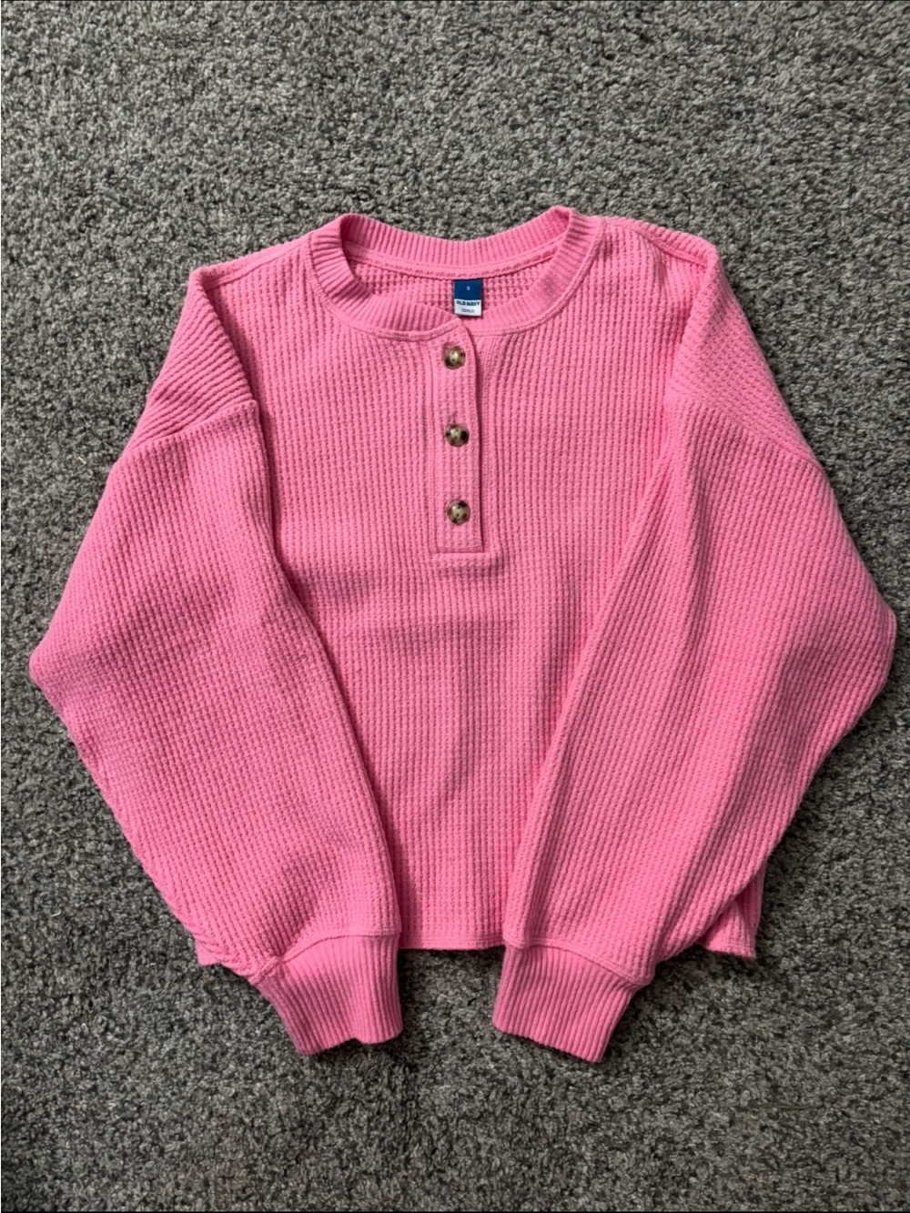 Pink Waffle Knit Henley Pullover